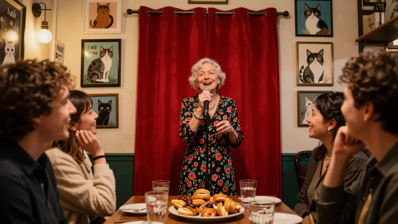 An elderly woman sings 'I Will Survive' in a quirky cat-themed Paris karaoke spot, guests smiling warmly.