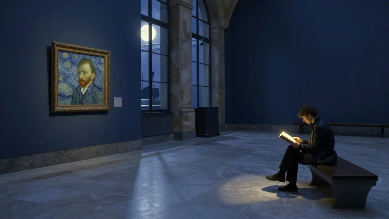 An empty museum at night, moonlight illuminating a Van Gogh painting as one person reads aloud to another seated nearby, shadows long and still.