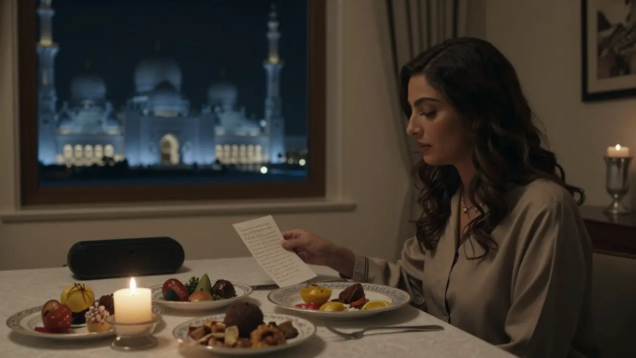 An intimate dinner in a private villa with handwritten notes and candlelight, overlooking Abu Dhabi’s skyline.