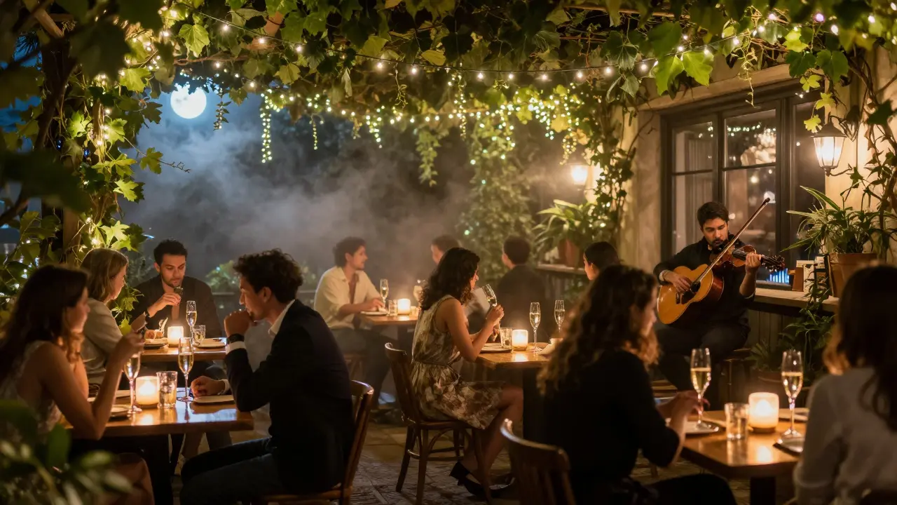 An intimate garden bar under string lights, people sipping champagne as a violinist plays softly at night.