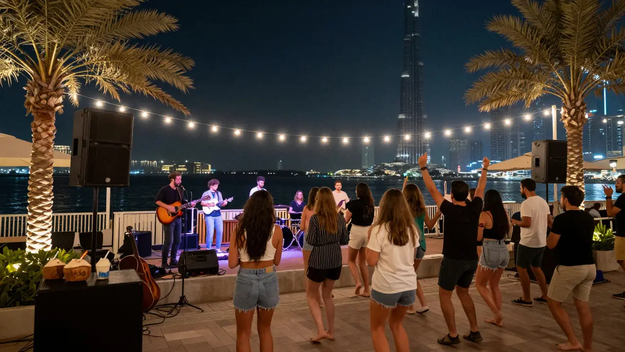 An open-air indie rock concert at Dubai Marina with a barefoot crowd dancing under string lights.