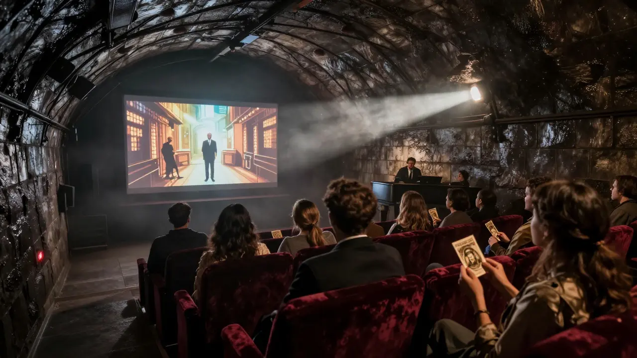 An underground tunnel cinema with a live pianist and hand-painted screen, showing a silent film.