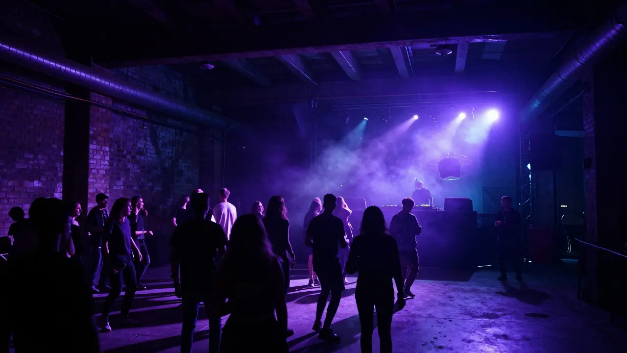 Crowd dancing under colored lights in a warehouse club.