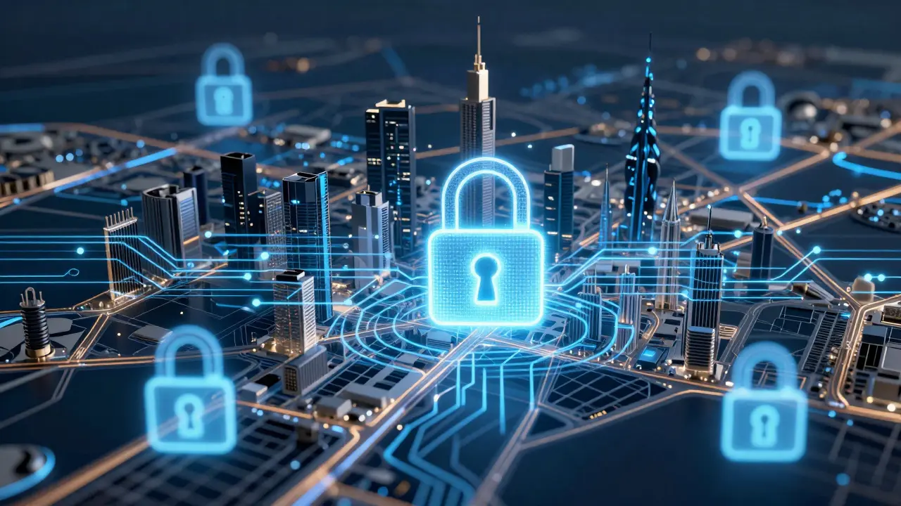 Digital security icons overlaying a city map grid