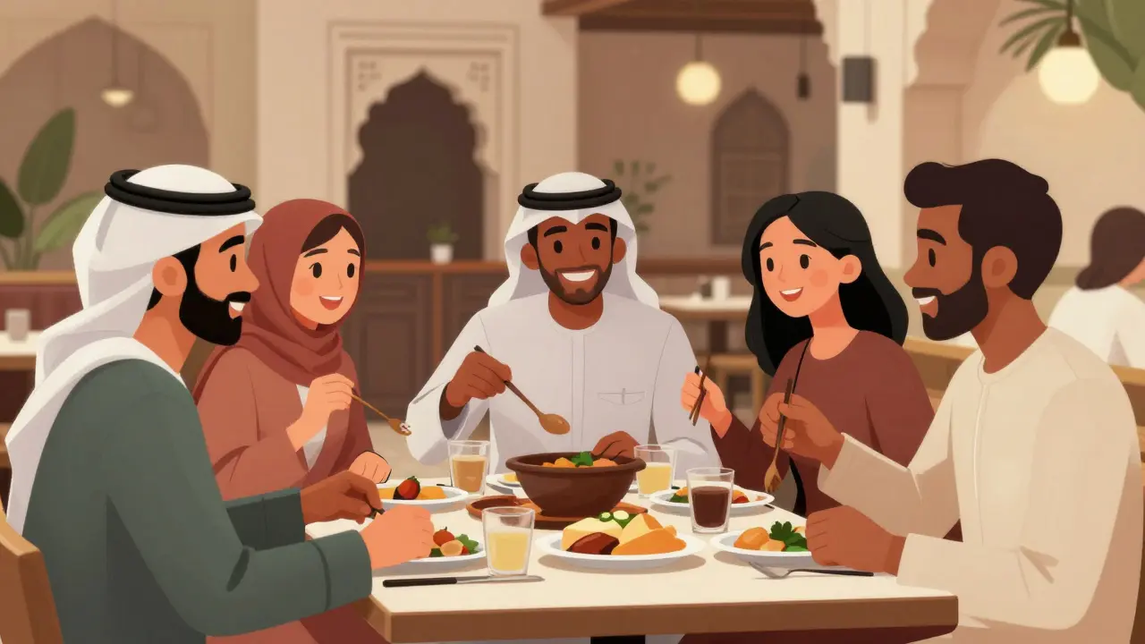 Diverse group dining at a licensed restaurant with Islamic architecture.