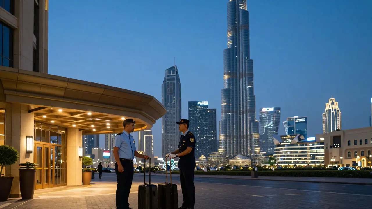 Dubai skyline at dusk with concierge assisting traveler at entrance.