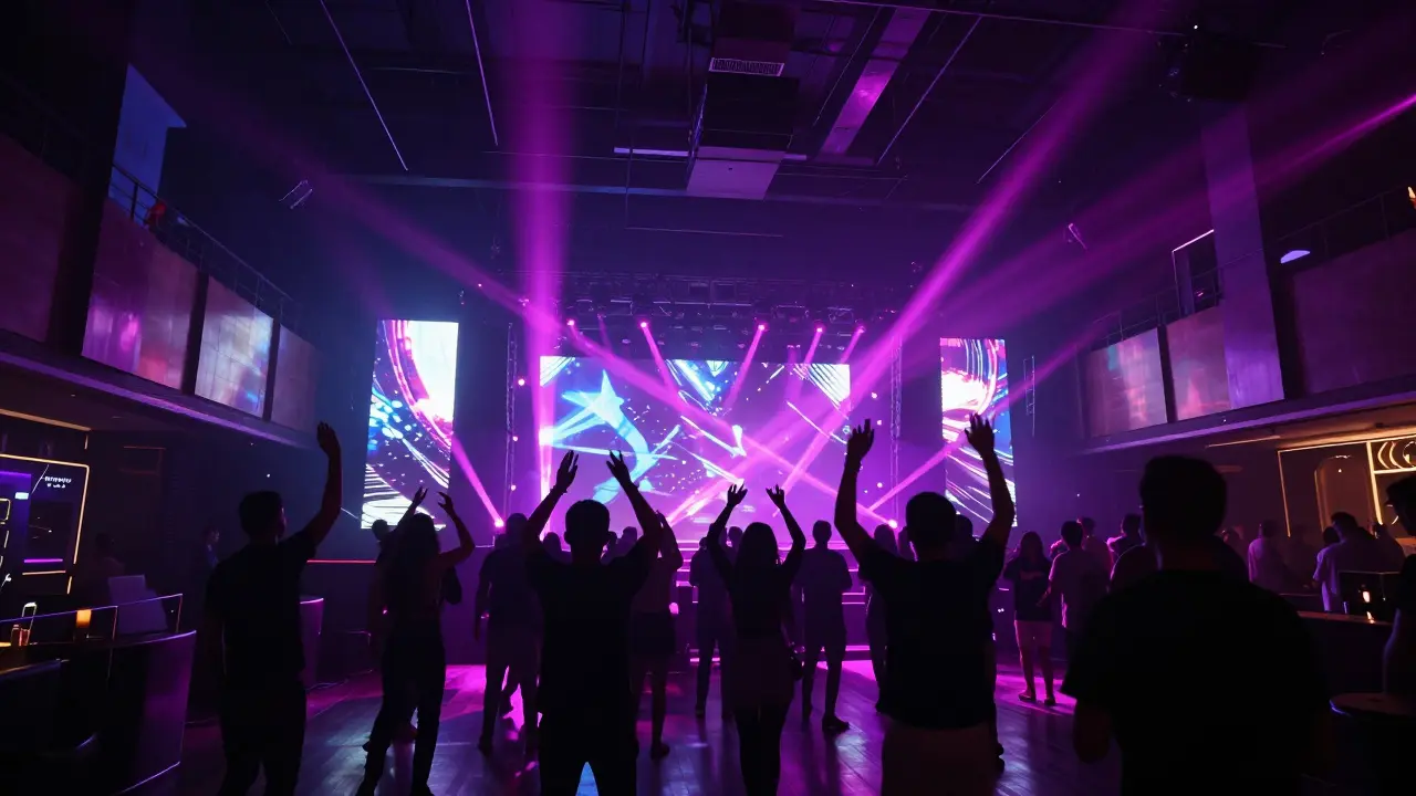 Energetic nightclub interior with dynamic stage lighting and dancing crowd