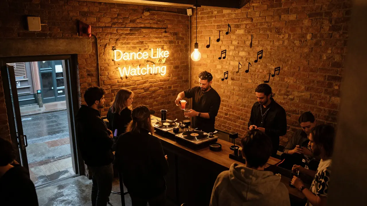 Hidden underground jazz lounge Level 43 with neon signs, vinyl records, and a cozy crowd in industrial-chic setting.