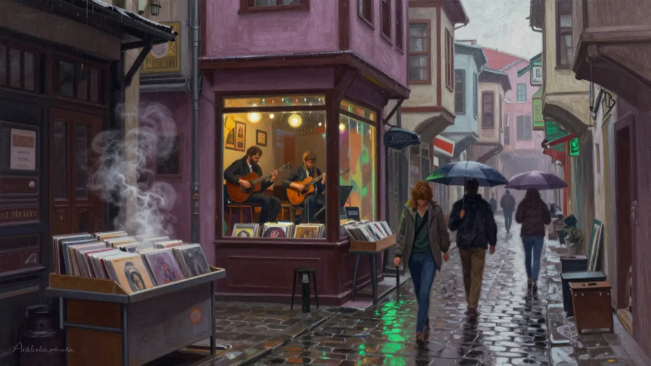 Jazz bar window glowing in rainy Moda backstreet