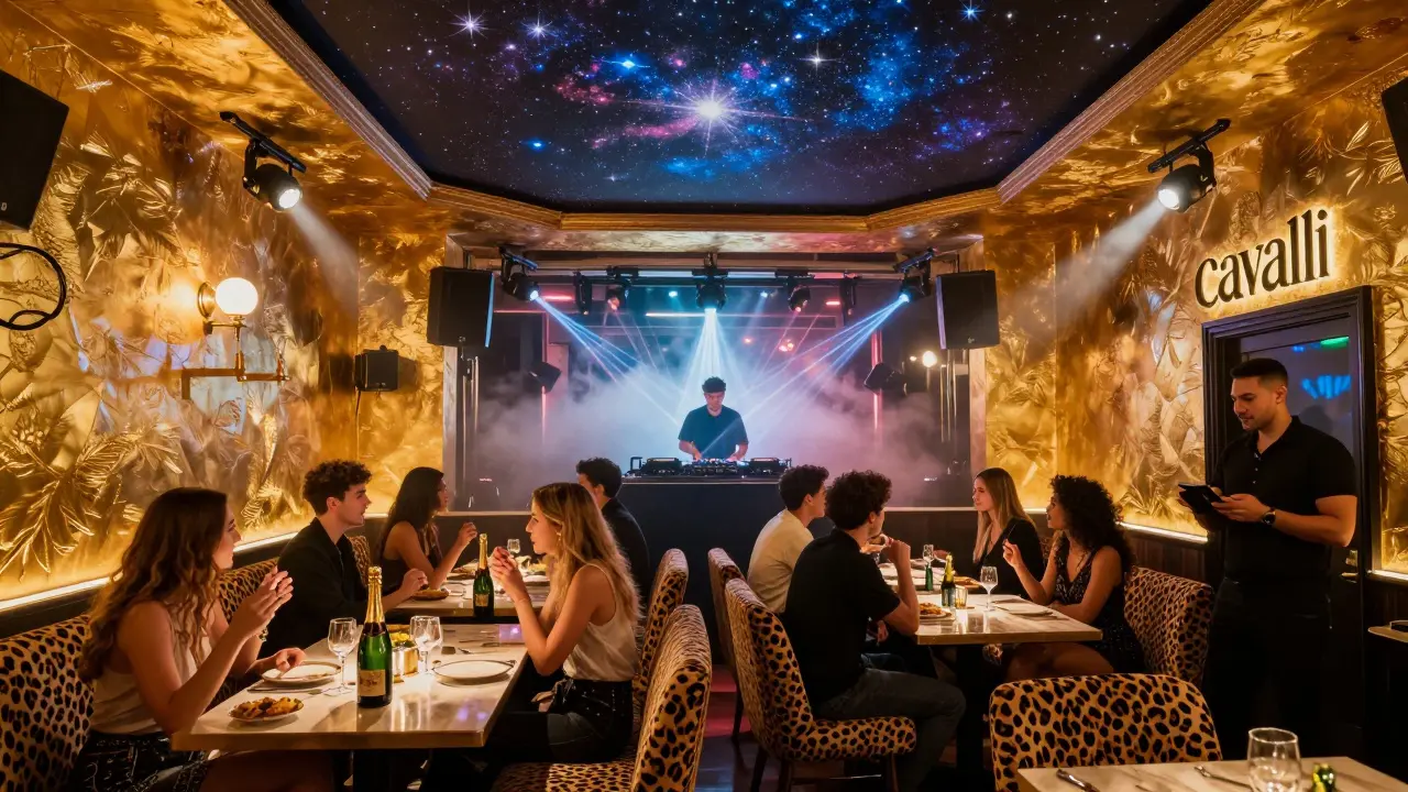 Luxurious Cavalli Club interior with gold walls, leopard booths, and DJs playing high-energy EDM under starry ceiling lights.