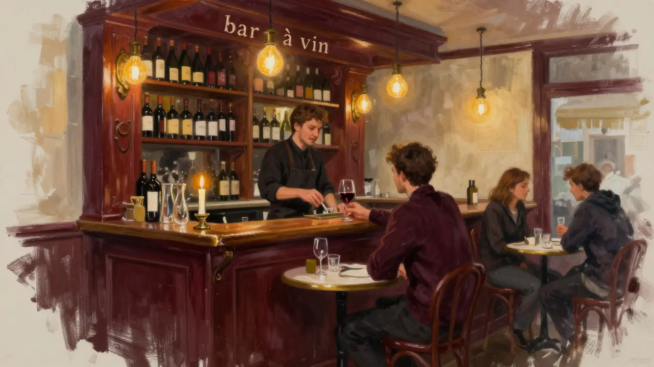 Person sitting alone at a wine bar counter, bartender pouring a glass of red wine inside.