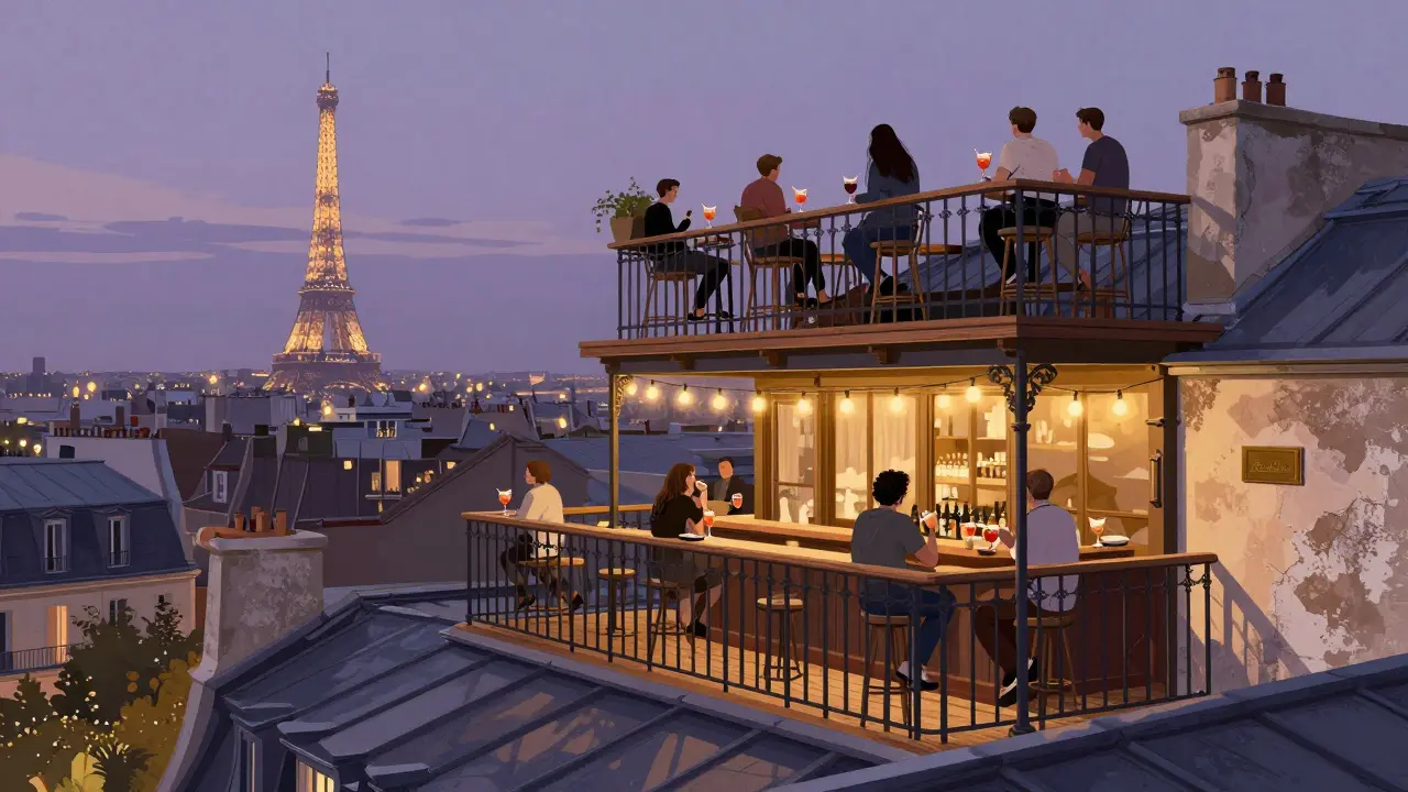 Rooftop bar in Paris with city skyline view, string lights, and patrons enjoying cocktails at dusk.