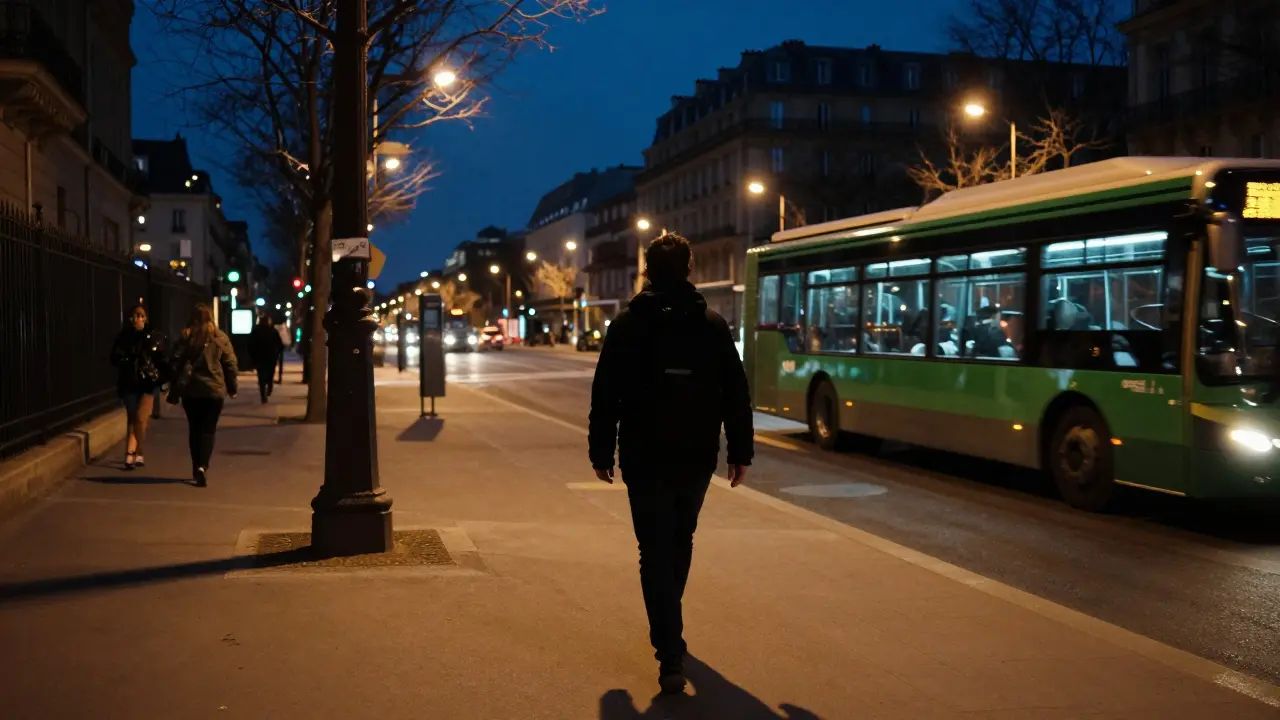 Silhouette of a person walking safely down an illuminated street near a night bus.