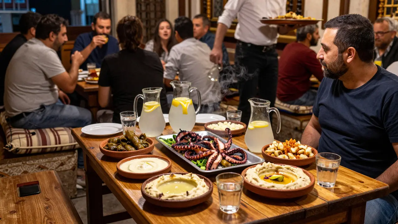 Table full of Turkish mezze and raki drinks