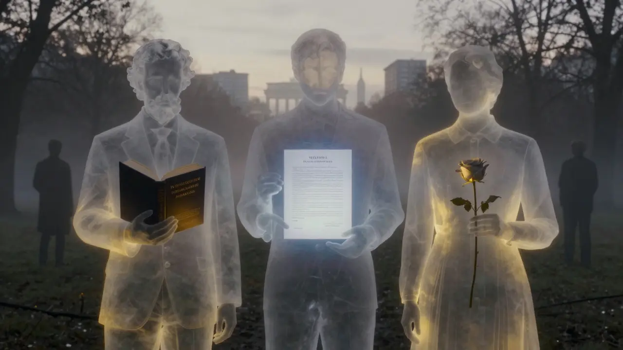 Three abstract figures symbolize escort independence in a misty Berlin park, each holding an object representing intellect, autonomy, and connection.