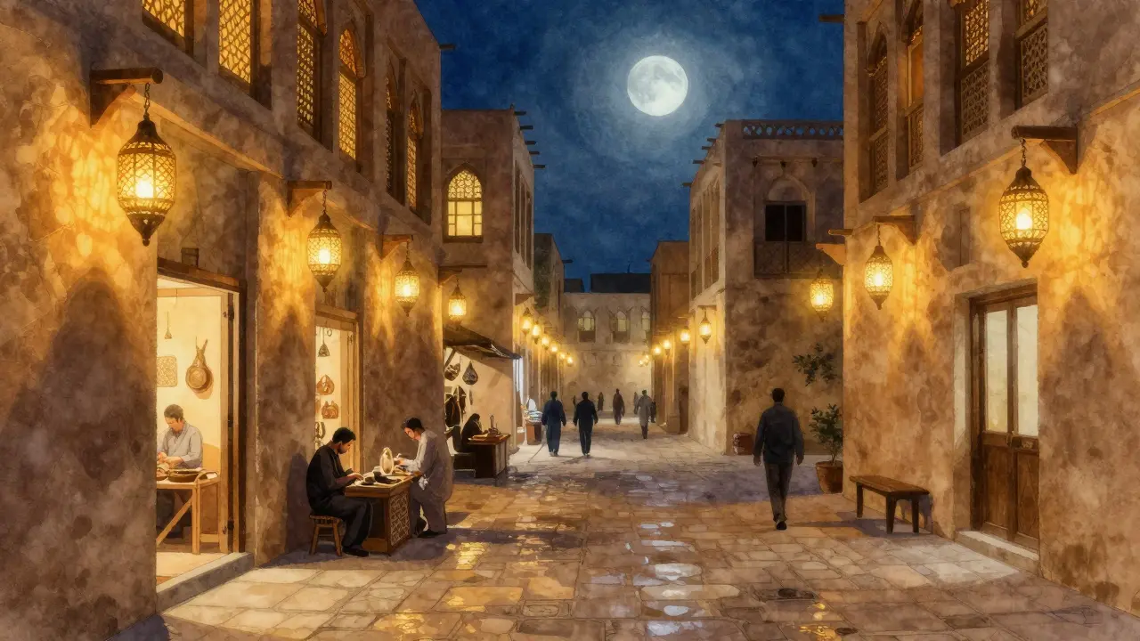 Traditional lanterns illuminate Al Darb cultural district evening streets