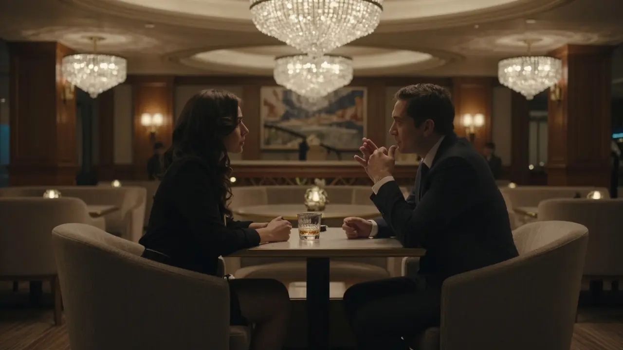 Two figures talking discreetly in a luxury hotel lounge