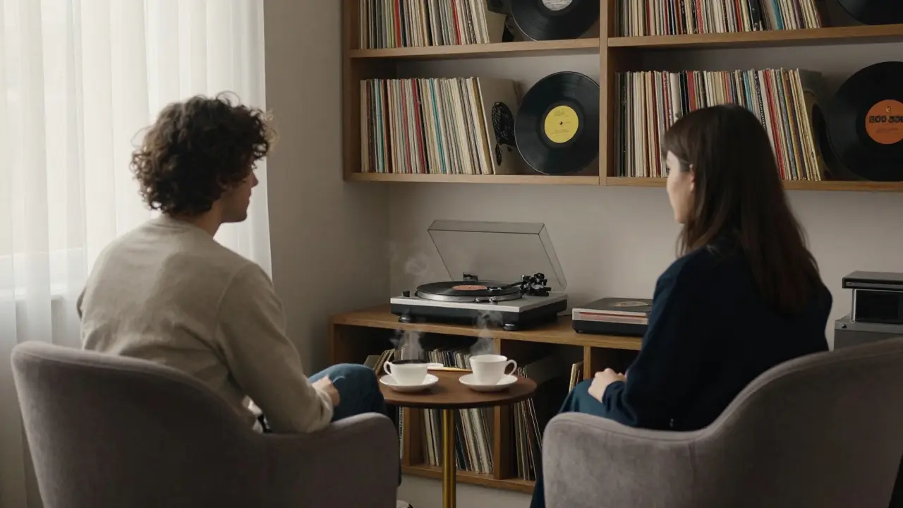 Two people in a quiet London flat sharing a moment of silence over vintage jazz records and teacups, surrounded by vinyl shelves and morning light.