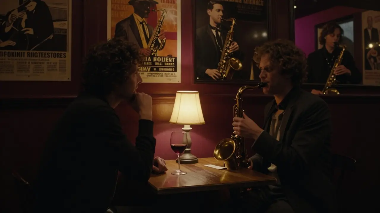 Two people share a quiet moment in a dim jazz bar, live music playing in the background.