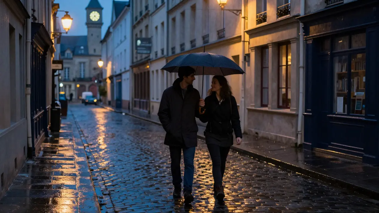 Two people walk side by side under a shared umbrella on a rainy Paris street at night, bathed in the soft glow of a streetlamp and reflections on wet cobblestones.