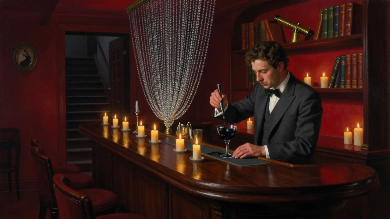 Underground bar lit by candles, bartender crafting a dark cocktail, beads and antique books in the background.